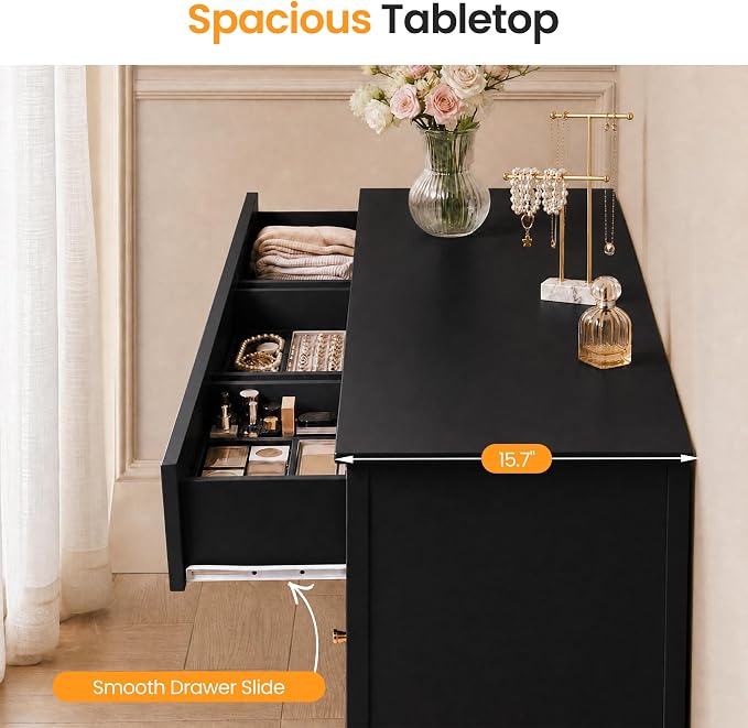 RoyalCraft 7 Drawer Dresser for Bedroom, 53" Wide Modern Wooden Chest of Drawers with Metal Handles, Painted Surface, Sturdy and Stable Storage Cabinet for Living Room, Black