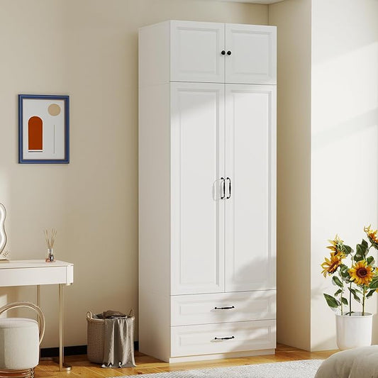 White Armoire Wardrobe Closet: 88" Extra Tall Wardrobe Closet with 2 Drawers, Bedroom Armoires with 2 Doors, Wood Large Armoire with Top Cabinet (White, 31.5")