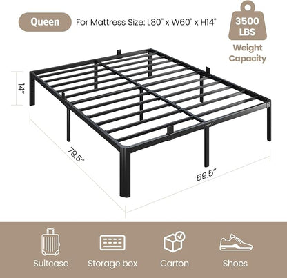 Metal Bed Frame Queen Size, 14 Inch 3500 lbs Heavy Duty Platform Bed Frames Steel Slats Noise Free No Box Spring Needed, Easy Assemble Sturdy Bedframe with Storage and Mattress Retainers