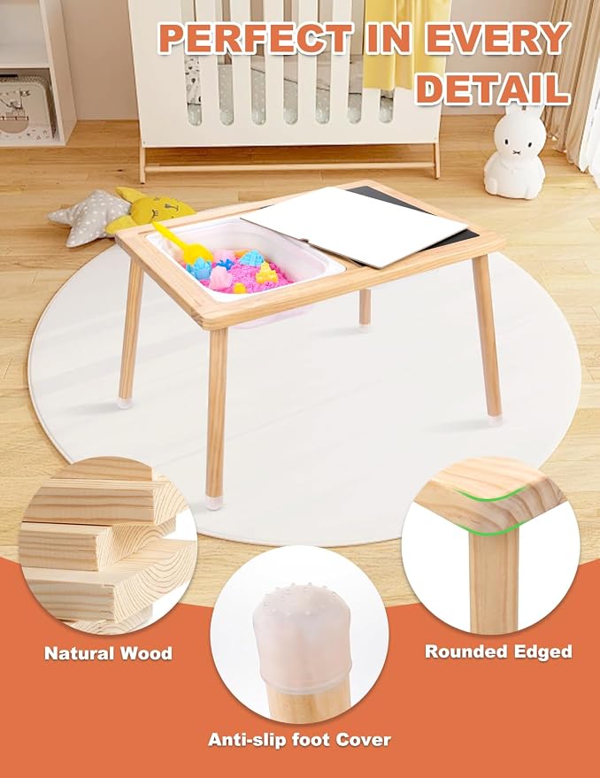 Kids Sensory Table, Sensory Activity Table with Double-Side Board & 3 Storage Bins, Toddler Play Sand Table Indoor Outdoor Use to Play Study Dining Toys Storage Boys Gilrs
