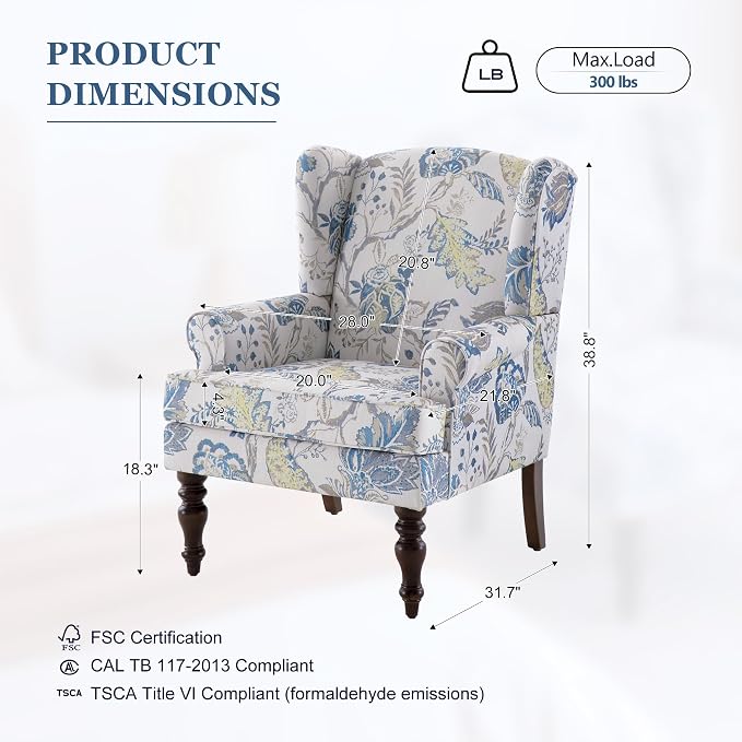 HUIMO Printed Wingback Accent Chair, Linen Upholstered High Back Armchair, Comfy Reading Chair for Living Room Bedroom Study, 300lbs Weight Capacity (1, Blue Floral)