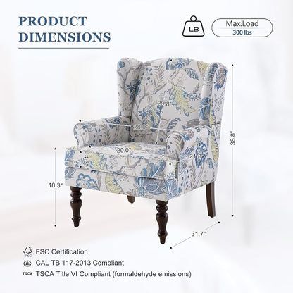 HUIMO Printed Wingback Accent Chair, Linen Upholstered High Back Armchair, Comfy Reading Chair for Living Room Bedroom Study, 300lbs Weight Capacity (1, Blue Floral)