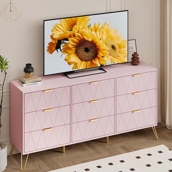 Anbuy Bedroom Sets 3 Pieces Pink Modern 9 Drawer Dresser and Nightstand Sets for Bedroom, Two Drawers Nightstand Set of 2 & 9 Drawer Dresser Combo 3 Pcs (Pink)