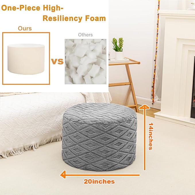 Round Pouf Ottoman 20 x 20 x 14 Inches Boho Poof Home Decor Floor Pouffe Ottoman Foot Rest for Couch Sofa Bean Bag Chairs Living Room Bedroom (Light Gray)