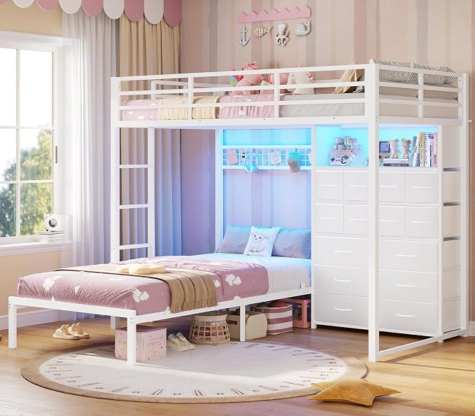 BTHFST Bunk Bed Twin Over Twin with 14 Storage Drawers & Bookshelf, Twin Bunk Beds with RGB LED Lights & Metal Grid Panel, Metal Bunk Beds for Kids with Safety Guardrails & Ladder, White