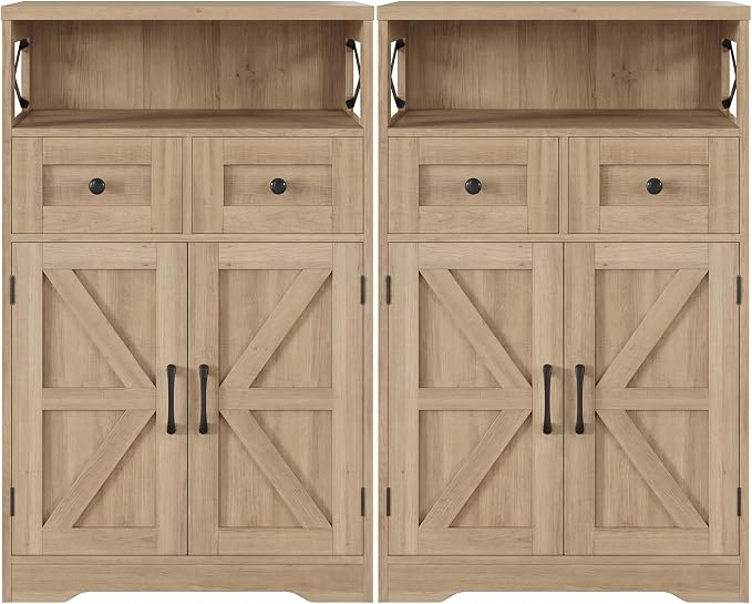 Natural Wood Farmhouse Storage Cabinet Set of 2, Small Kitchen Pantry Cabinet with Drawers and Adjustable Shelves, Sideboard Buffet Coffee Bar Cabinet for Living Room/Dining Room/Bathroom/Home Office