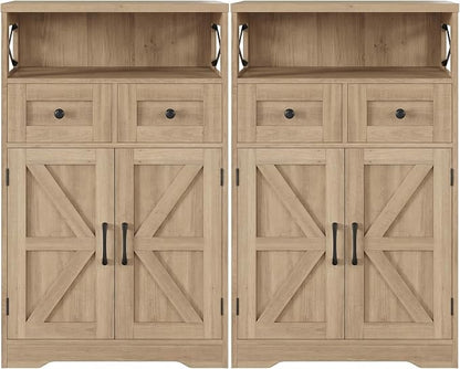 Natural Wood Farmhouse Storage Cabinet Set of 2, Small Kitchen Pantry Cabinet with Drawers and Adjustable Shelves, Sideboard Buffet Coffee Bar Cabinet for Living Room/Dining Room/Bathroom/Home Office