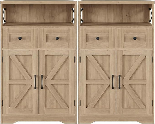 Natural Wood Farmhouse Storage Cabinet Set of 2, Small Kitchen Pantry Cabinet with Drawers and Adjustable Shelves, Sideboard Buffet Coffee Bar Cabinet for Living Room/Dining Room/Bathroom/Home Office
