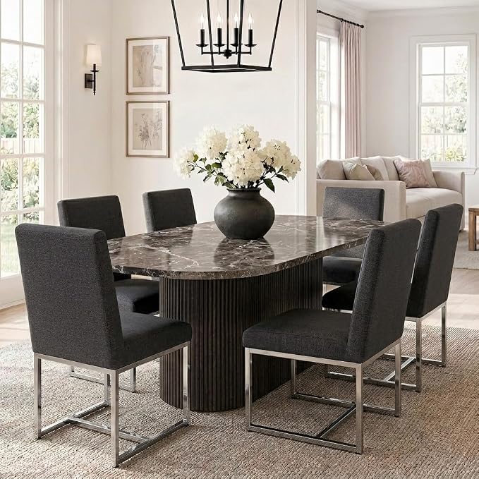 HNY Modern Dining Chairs Set of 6, Upholstered Linen Dining Room Chairs with Ergonomic Back & Polished Silver Metal Frame for Home, Kitchen, Apartment, Charcoal Black