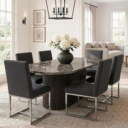 HNY Modern Dining Chairs Set of 6, Upholstered Linen Dining Room Chairs with Ergonomic Back & Polished Silver Metal Frame for Home, Kitchen, Apartment, Charcoal Black