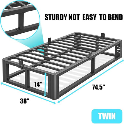 Bilily Metal Heavy Duty 14 inch Twin Bed Frame with Rounded Corner and Headboard Hole Mattress Retainers 3500 LBS No Box Spring Needed Platform Noise Free Easy Assembly