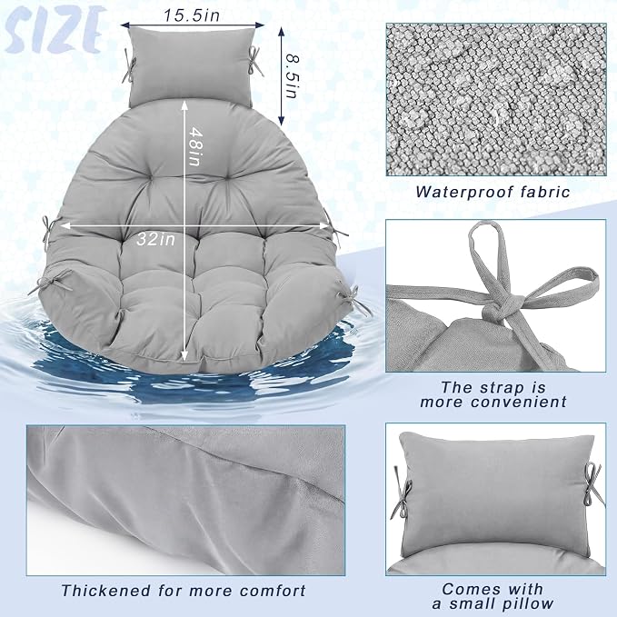 Tudomro Light Gray Waterproof Egg Chair Cushion with Pillow Filling 2.58 kg Replacement Rocking Wicker Chair Cushion 48" x 32" High Back Hanging Swing Hammock Pad Thicken for Outdoor Patio Garden