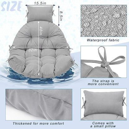 Tudomro Light Gray Waterproof Egg Chair Cushion with Pillow Filling 2.58 kg Replacement Rocking Wicker Chair Cushion 48" x 32" High Back Hanging Swing Hammock Pad Thicken for Outdoor Patio Garden