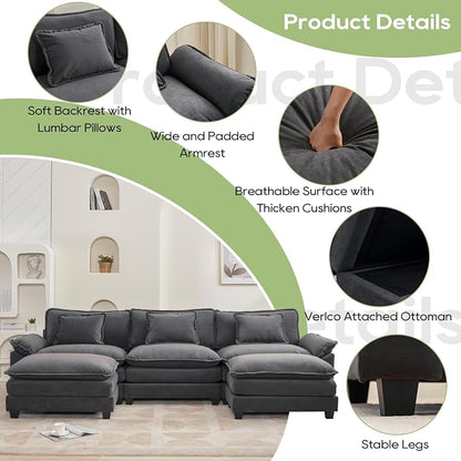 Oprisen 120" Modular Sectional Sofa, Comfy Cloud Couch Sectional Sofa with Ottoman, Chenille Sofa Sleeper Deep Seat Sofa with Throw Pillows for Living Room (Blue Gray, 120"- U Shape)