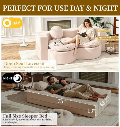 75” Full Size Convertible Sleeper Sofa Bed, Boneless Folding Futon Loveseat Sofa with 2 Pillows, High Density Foam Compressed Foldable Guest Couch for Living Room Apartment (Beige Teddy Velvet)