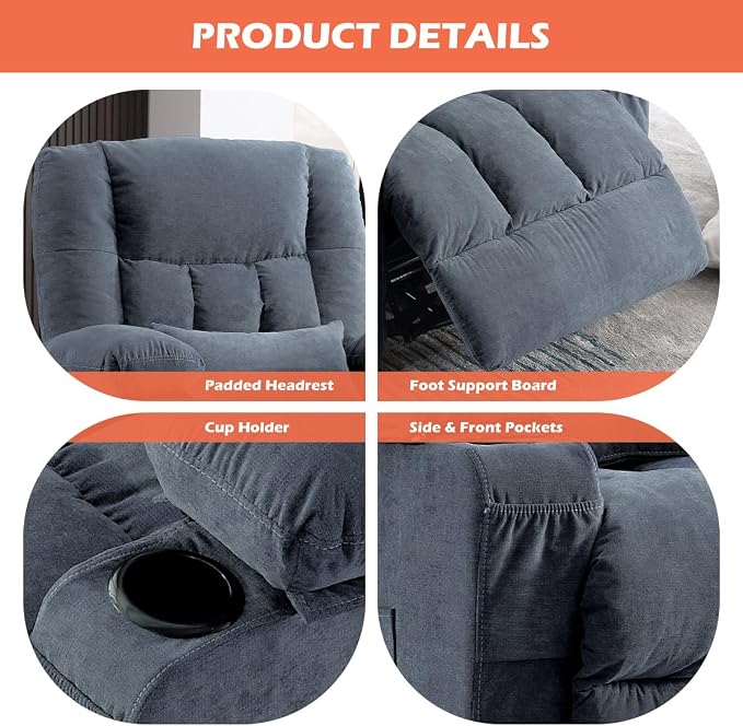 MAHOMICO Recliner Chair with Cup Holders for Living Room Single Seat Manual Oversized Recliner with Ergonomic, Side Pocket for Adult