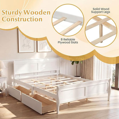 Giantex Queen Bed Frame with 2 Storage Drawers, Wood Platform Bed w/Headboard & Footboard, Wooden Slats Support Mattress Foundation, Sleigh Bedframe for Teens Adults, No Box Spring Needed (White)