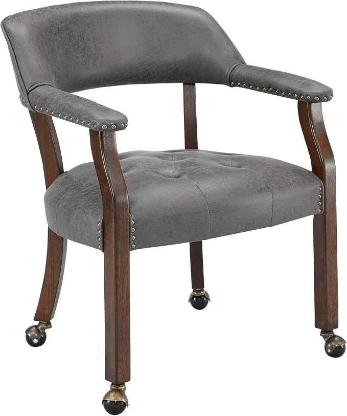 LEEMTORIG Dining Chairs with Casters and Arms, Upholstered Rolling Dining Chairs with Wheels for Elderly, Ergonomic Wide Seat Wooden Office Chair, 26"Dx25.2"W, Cherry Legs&Dark Grey Fabric SY-1533-GY