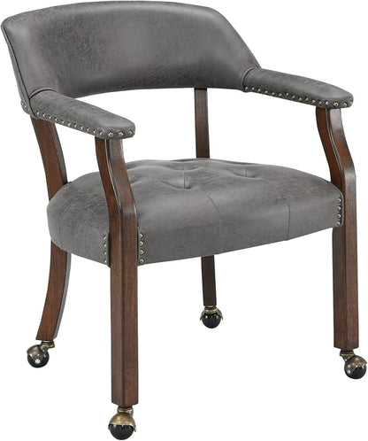LEEMTORIG Dining Chairs with Casters and Arms, Upholstered Rolling Dining Chairs with Wheels for Elderly, Ergonomic Wide Seat Wooden Office Chair, 26"Dx25.2"W, Cherry Legs&Dark Grey Fabric SY-1533-GY
