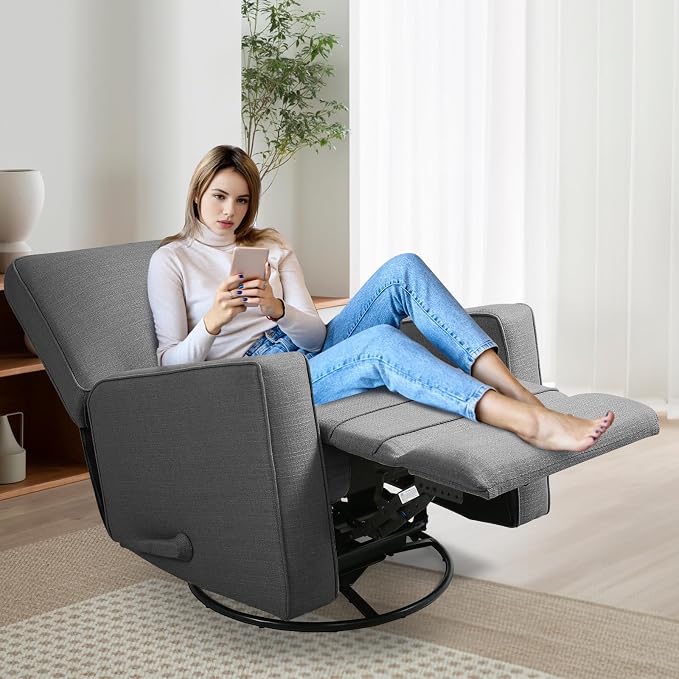 Manual Rocker Recliner Chair for Adults, High Back Glider with Deep Seat, Upholstered Fabric Armchair for Living Room & Nursery (Charcoal Linen)