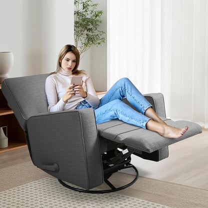 Manual Rocker Recliner Chair for Adults, High Back Glider with Deep Seat, Upholstered Fabric Armchair for Living Room & Nursery (Charcoal Linen)