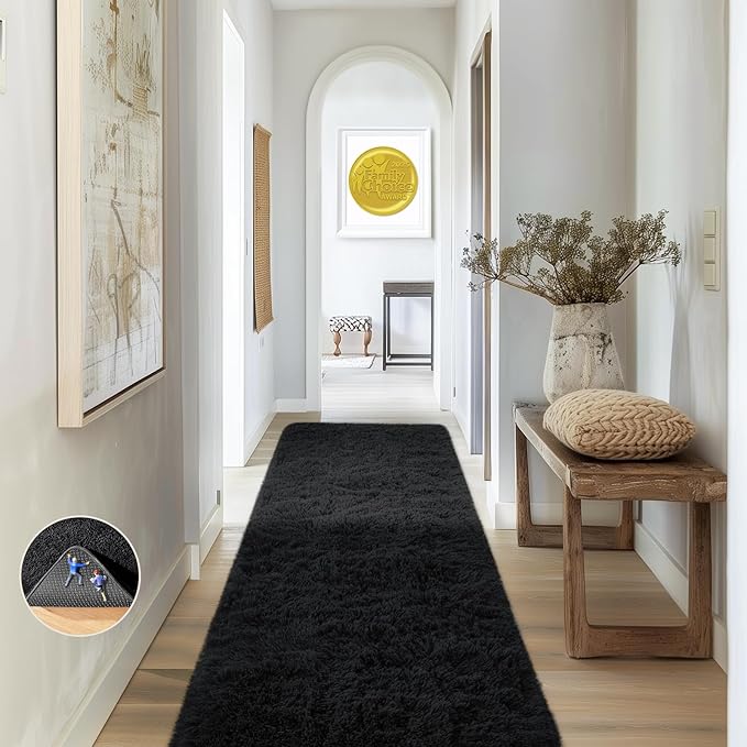 Ophanie 2x8 Runner Rug for Hallway,Upgrade Non-Slip Fluffy Soft Bedside Rugs,Bedroom Living Room Black Shaggy Carpet for Kids Girls Boys Dorm Nursery Home Decor Aesthetic with Over 99 pcs Pile fibers