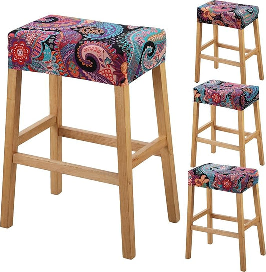 YISUN Stool Covers Rectangle - 4 Pack Stretch Waterproof Saddle Seat Cover Counter Bar Stools Bar Chairs Covers Kitchen Island Chairs Cushion Protector (4, F-Purple Green)