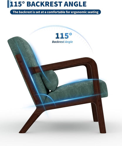 Garvee Mid-Century Modern Accent Chair, Chenille Upholstery, Solid Wood Armchair with Removable Lumbar Pillow, Sturdy Reading Chair for Living Room, Bedroom, Guest Room, Easy Assembly, Green