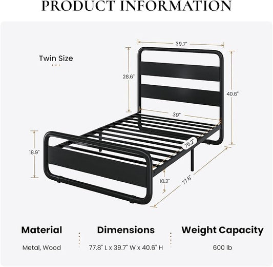 SHA CERLIN Twin Size Metal Bed Frame with Wooden Headboard and Footboard, Heavy Duty Oval-Shaped Platform Bed Frame with 10" Under-Bed Storage, Heavy Duty Slats Support, No Box Spring Needed, Black