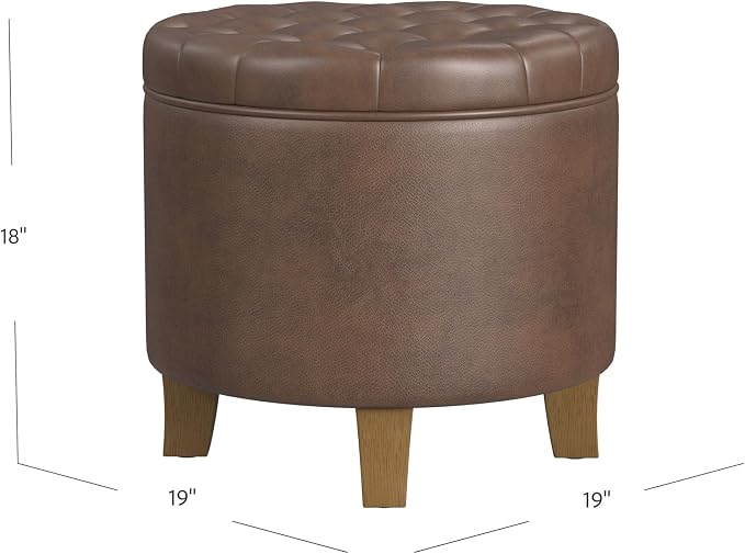 HomePop 19" Faux Leather Button Tufted Round Storage Ottoman - Brown