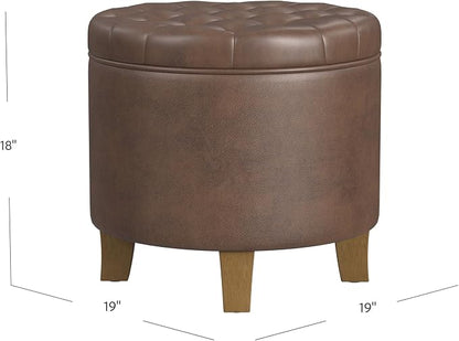 HomePop 19" Faux Leather Button Tufted Round Storage Ottoman - Brown