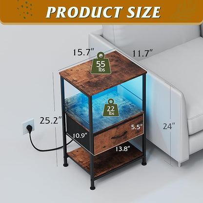 WLIVE Night Stand with Charging Station, LED Nightstand with Fabric Drawer and Open Shelf, Small Bedside Table for Bedroom, Dorm, Small Space, Rustic Brown