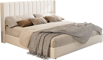Jocisland King Size Lift Up Storage Bed Frame, Linen Upholstered Platform Bed with Vertical Channel Tufted Headboard and Wingback, Hydraulic System, No Box Spring Needed, Wood Slats Support, White