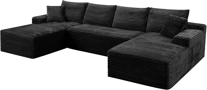 132" Oversized U-Shaped Cloud Sectional Couch Plush Corduroy Boneless Symmetrical Sofa, Front Facing Modular Compressed Boneless Sectional Sofa with Double Chaise Lounges