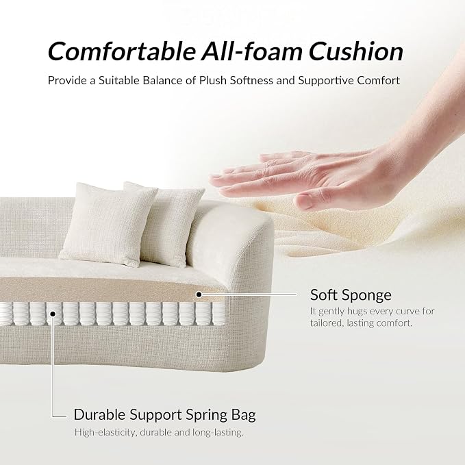 141.75" Modern Curved Compressed Sofa, All-Foam Cloud Couches with 4 Pillows, No Assembly Required Boneless Sectional Sofas, Large Floor Couch for Living Room, Ivory