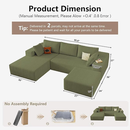 95" Cloud Sectional Couch U-Shaped Chaise with Ottoman, Corduroy Boneless Couch for Living Room Bedroom, Deep-Seat Upholstered Modular Cloud Sofa, No Assembly Required (Green, Left Facing Chaise)
