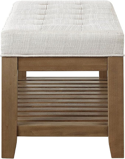 24KF Large Rectangular Upholstered Tufted Linen Ottoman Bench, Padded Bench with Solid Wood Shelf-Ivory