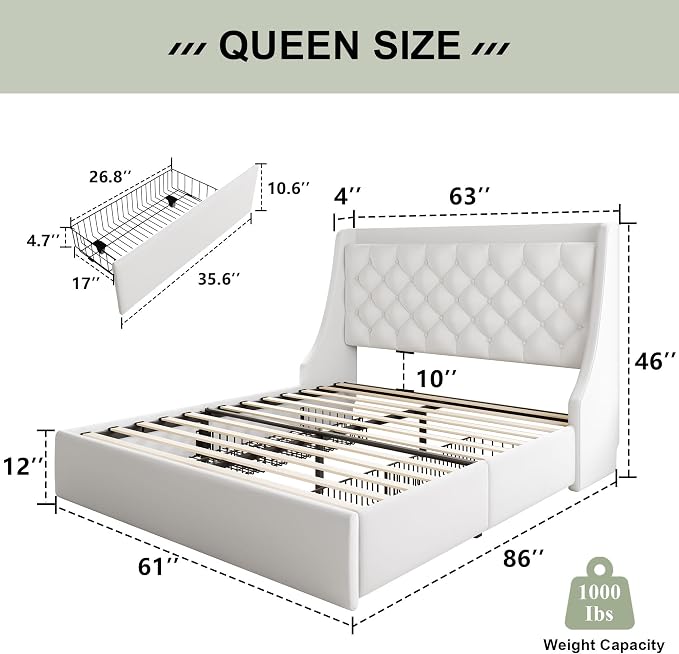 Feonase Upholstered Queen Size Bed Frame with 4 Storage Drawers, Charging Station, Tufted Wingback Storage Headboard, No Box Spring Needed, Easy Assembly, White
