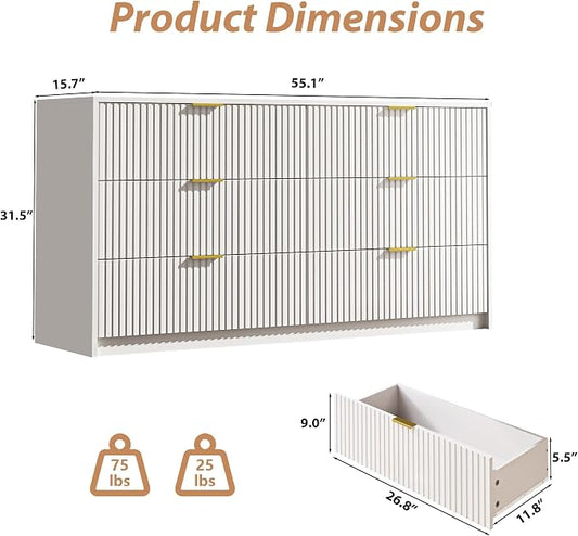 MAISONARIA 3-Piece Dresser Bedroom Set, 6 Drawer Dresser & 2 Drawer Nightstands with Gold Handles, Fluted Wood Chest of Drawers for Bedroom, Living Room, Entryway, White