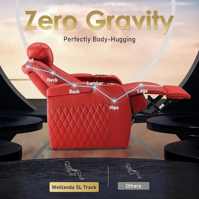 Weilianda Home Theater Seating Top Grain Leather Zero Gravity Recliner Chair Power Headrest Recline Movie Seat Gaming 7 Colors Mood Light Sofa with Tray Table USB Charge Row of 3 Loveseat Right Red