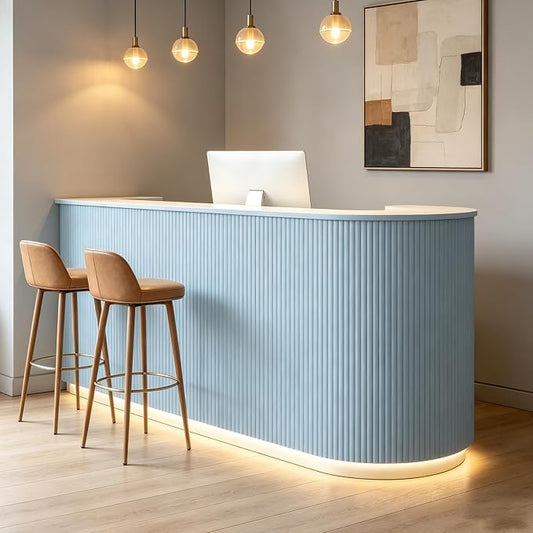 Modern Reception Desk Check Out Counter Front Desk for Spa Salon Office | Power Outlet Lockable Cabinet Keyboard Tray Privacy Panel Cable Grommet Open Storage Storage Cabinet