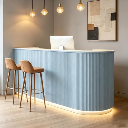 Modern Reception Desk Check Out Counter Front Desk for Spa Salon Office | Power Outlet Lockable Cabinet Keyboard Tray Privacy Panel Cable Grommet Open Storage Storage Cabinet