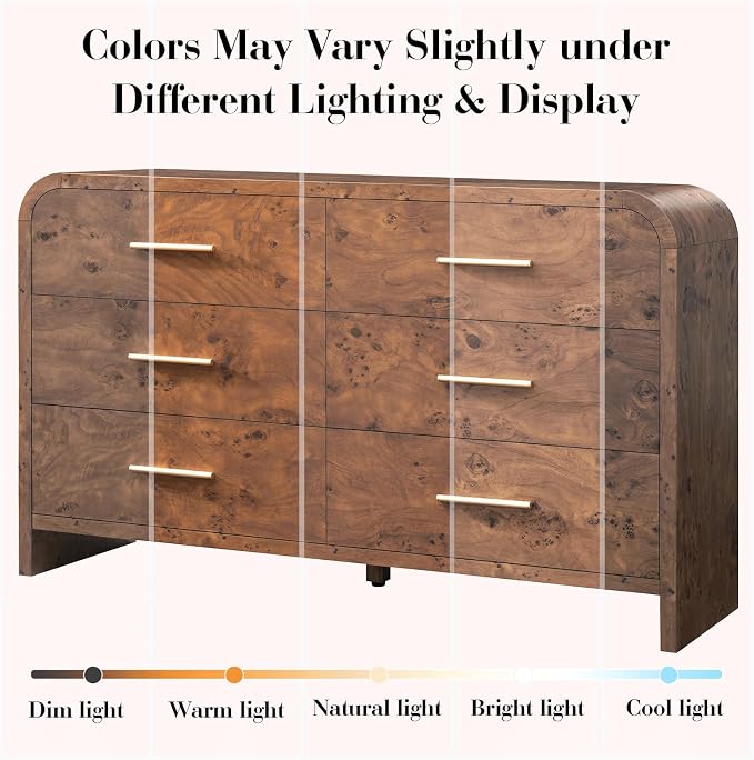 Curved 6 Drawer Dresser for Bedroom, 54'' Wide Chest of Drawers, Farmhouse Storage Cabinet for Hallway & Living Room TV Stand, FSC Certified 1.18" Thick Board, 100 lbs Top Weight, Dark Burl