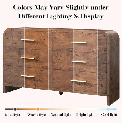 Curved 6 Drawer Dresser for Bedroom, 54'' Wide Chest of Drawers, Farmhouse Storage Cabinet for Hallway & Living Room TV Stand, FSC Certified 1.18" Thick Board, 100 lbs Top Weight, Dark Burl