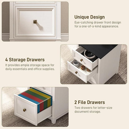 Vabches Farmhouse L Shaped Executive Desk with 6 Drawers, 59’’ Wood Home Office Desk with File Cabinet, Writing Corner Computer Desk for Home Office, Work, Study, White and Black