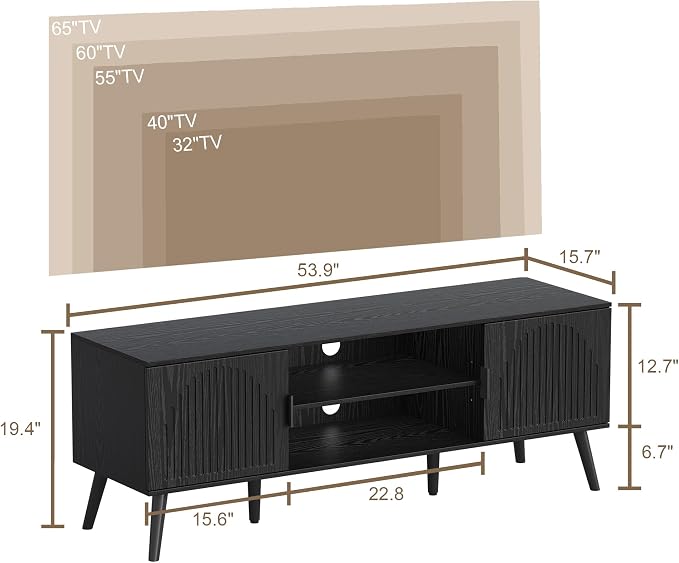 ChooChoo TV Stand for Living Room, Mid Century Modern TV Stand for 55/60 Inch TVs, Entertainment Center with Storage Cabinet and Open Shelves, TV Console Table Media Cabinet for Bedroom, Black