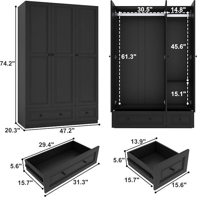 Armoire Wardrobe Closet with Drawers: 74" Black Wardrobe Closet with 3 Doors, Bedroom Armoires with 2 Drawers, Wood Closets Cabinet for Hanging Clothes (Black, 47")