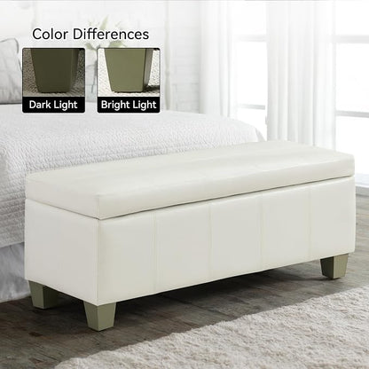 WUTUTUEE 51" Faux Leather Storage Ottoman, Stitch Tufted Rectangle Upholstered End of Bed Storage Bench, Entryway Large Couch Ottoman with Wooden Legs,White