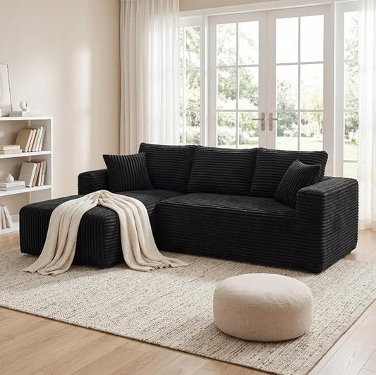 92.5" Modular Sectional Sofa, L-Shaped Cloud Couch with Deep Seats and Chaise, Upholstered Corduroy Boneless Couch for Living Room Small Space, No Need Assembly - Black(Left Facing Chaise)