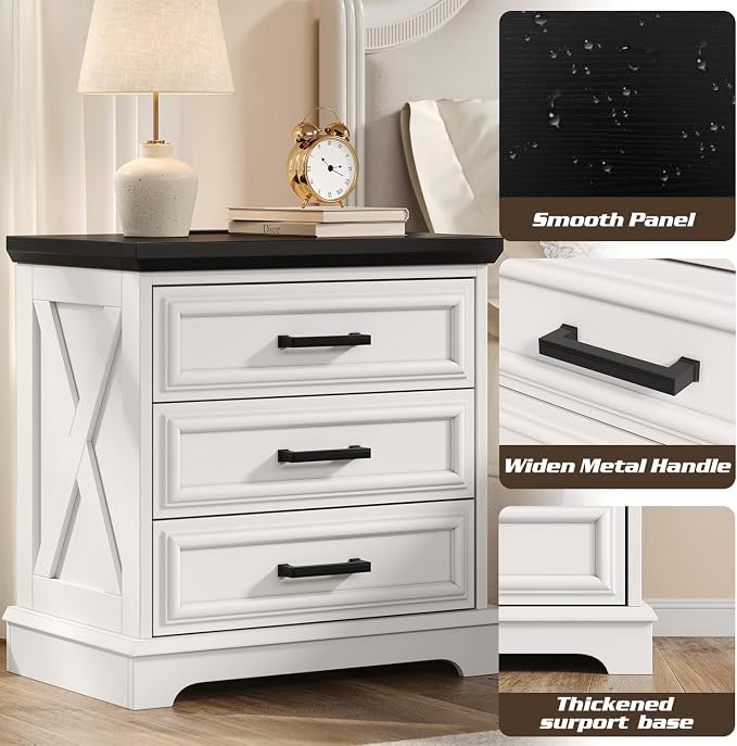 knoworld 24 Inch Wide Farmhouse Nightstands with Charging Station, White Nightstand with 3 Large Drawers, Rustic Wood End Table for Bedroom